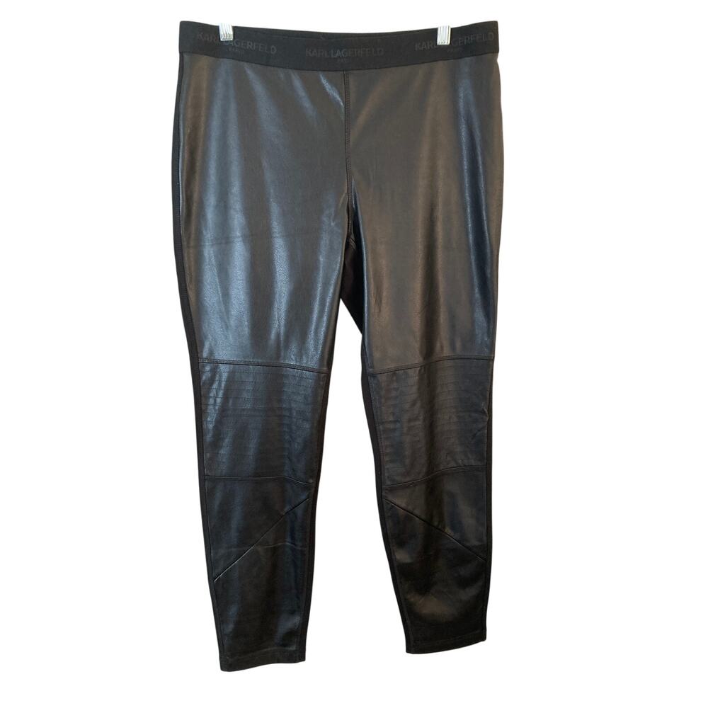 Karl Lagerfeld Paris Faux Leather Pants Womens L Black Moto Stretch Spellout